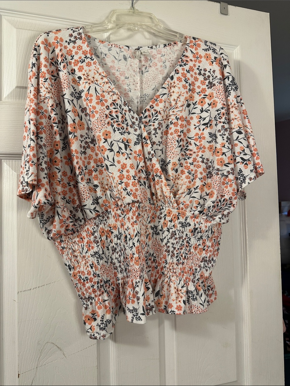Floral Smocked Waist V-Neck Top - White & Coral